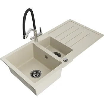 Granitový dřez Mexen Andres 1,5 granit dřez s odkapem a baterií Duo, béžová 6515-69-671701-07-B