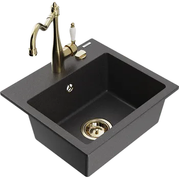 Granitový dřez Mexen Milo žulový dřez 1-komorový s kuchyňskou baterií Carla, černý žíhaný - 6505-76-670700-50 Granitové dřezy s baterií