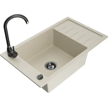 Granitový dřez Mexen Elias 1miskový granit dřez s odkapem a baterií Telma, béžová 6511-69-670200-70