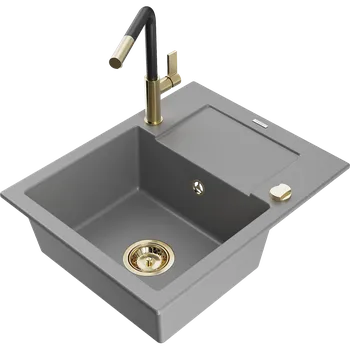 Granitový dřez Mexen Enzo granitový dřez s odkapávačem a kuchyňskou baterií Flora, šedý - 6506-71-670401-57-G Granitové dřezy s baterií