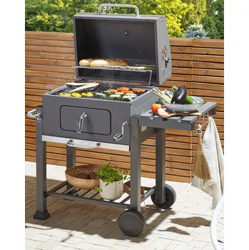 Zahradní gril Gril na dřevěné uhlí šedý nerez obdélníkový s aktivní ventilací víko klika teploměr ohřívací rošt police popelník válečky venkovní zahrada Beliani