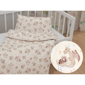 Povlečení Dětské bavlněné povlečení do postýlky Sandra SA-467 Dráčci na žlutobéžovém Do postýlky 90x140 a 50x70 cm