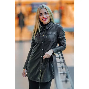 Dámská casual bunda Dámský černý kožený kabátek- prodloužená oversize košile G2WMiha Velikost XS