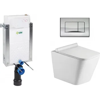 WC sada Liv-Fluidmaster Wc set Square Wall podmítková nádrž do zdiva, rimless mísa, sedátko a tlačítko lesklý chrom 195870 - SET(195870, 669931, OLKLT052E)