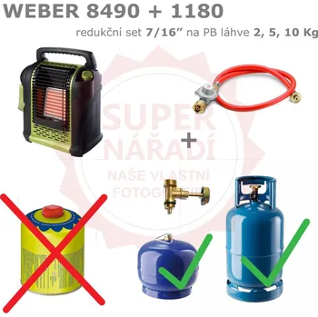 Plynová hadice Redukční set 7/16" Weber 8490 + ventil N1180 na PB láhve 2, 5, 10 kg pro připojení kartušových vařičů, topidel SN (SN set originální sady Weber 8490 + ventilu N1180 pro připojení spotřebičů na kartuše 7/16" k plynovým láhvím 2, 5, 10 Kg (PB))