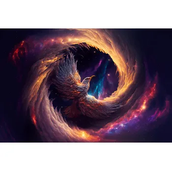 Tapeta DIMEX | Vliesová fototapeta na zeď Flying Bird MS-5-AI-0013 | 375 x 250 cm | černá, oranžová, fialová, růžová + Vliesová AI fototapeta na stěnu DIMEX Flying Bird MS5AI0013 v rozměru 375 x 250 cm + lepidlo zdarma