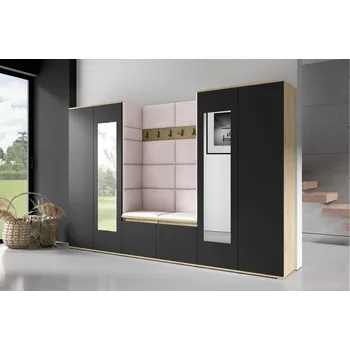 Předsíňová stěna Eka Předsíňová stěna s čalouněnými panely Trinity 10 - Dub Artisan s černou / Světlá růžová 2319