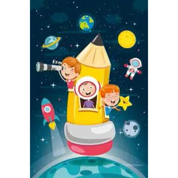 Koberec Makro Abra Dětský kusový koberec vhodný k praní BAMBINO 42810 Vesmír Raketa Kosmonaut Děti modrý protiskluzový žlutý Rozměr: 140x200 cm