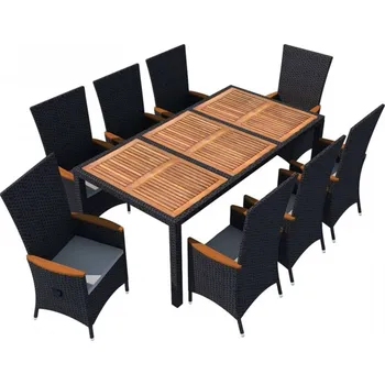Zahradní sestava 9dílný zahradní jídelní set polyratan a akáciové dřevo černý