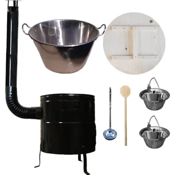 Kempingové nádobí Zabijačkový nerezový kotel 100 L, kovová kotlina 60 cm, smaltovaná poklice + 2 servírovací nerezové kotlíky