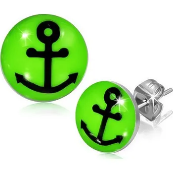 Náušnice Ocelové náušnice - černá kotva na zeleném kruhu