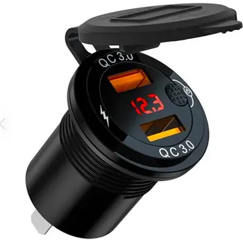 Zásuvka na motorku 12v s voltmetrem do panelu s vypínačem, vodotěsná, 2xUSB, QuickCharge 3,4A