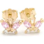 Zlaté náušnice motýlci na puzetu se světle růžovými a bílými kamínky 1,11g