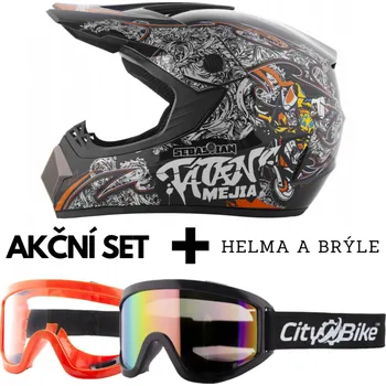 Helma na motorku Výhodný SET: černo-oranžová helma a ochranné brýle (TATAN helmy)