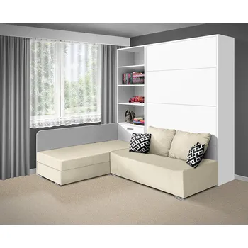 Postel Nabytekmorava Motorová sklápěcí postel s pohovkou VS 21066 160x200 cm barevné kombinace: Bílá / dveře bílé, barva pohovky: Savana krémová