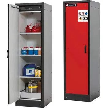 Bezpečnostní skříň na chemikálie 30 min., 3 police + vana, š. 564 mm, dveře červené