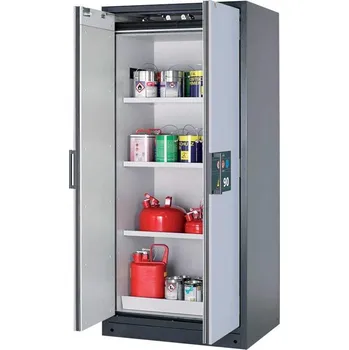 Bezpečnostní skříň na chemikálie 90 min., 3 police + vana, š. 900 mm, dveře šedé
