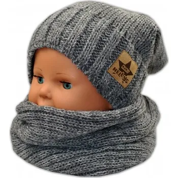 Čepice Čepice dětská pletená s komínkem - VZOROVANÝ LEM šedý melír - 5let a více