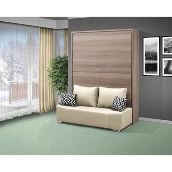 Postel Nabytekmorava Motorová výklopná postel s pohovkou VS 21065 MOT 140x200 cm barevné kombinace: Dub sonoma tmavý / dveře dub sonoma tmavý, barva pohovky: Savana krémová