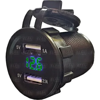 Auto elektroinstalace Zásuvka voděodolná 2x USB + voltmetr zelený