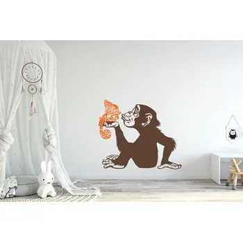 Samolepící dekorace Lepy.cz Samolepka na zeď Safari - Opice s ještěrkou Velikost (šířka x výška): 55x46cm, Kombinace barev sety: Světle oranžová + nugátová hnědá