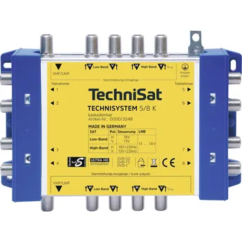 Anténní redukce TechniSat Technisystem 5/8 K, Kaskade kaskádový rozdělovač pro satelitní signál Vstupy (vícenásobný spínač): 5 (4 SAT/1 terestrický) Počet účastníků: 8