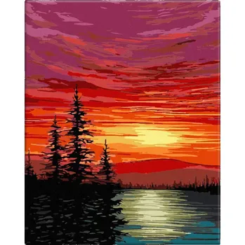 Malování podle čísel - Západ slunce nad jezerem - 40x50 cm, bez dřevěného rámu - CZ výroba