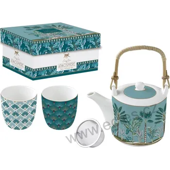 Konvice na čaj Easy Life JUNGLE zelený porcelánový čajový set: konvice a kelímky listy a palmy *ATMOSPHERE* 600ml + 2x160ml