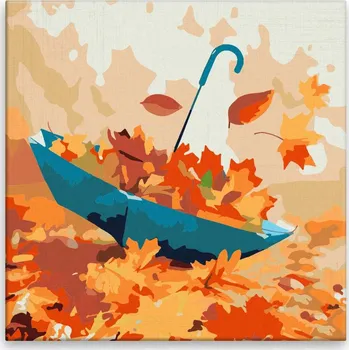 Malování podle čísel - Podzimní listí a modrý deštník - 40x40 cm, bez dřevěného rámu - CZ výroba