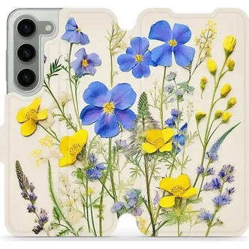 Pouzdro na mobilní telefon Flipové pouzdro Mobiwear - Samsung Galaxy S23 - VP41S Modré a žluté kvítky (Knížkové flip pouzdro, obal, kryt na mobil Samsung Galaxy S23 - VP41S Modré a žluté kvítky, materiál Umělá kůže + TPU - ochrana 360°, stojánek, silikonová vanička, magnetické)