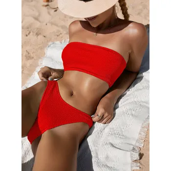 Dámské plavky Dámské plavky dvojdílné s vlnkatým designem bez ramínek Barevná varianta: Červená, Velikost: S