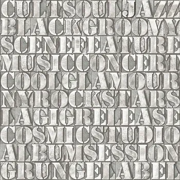 Tapeta Origin Šedozelená metalická vliesová tapeta, imitace kovových desek s nápisy 347593, Matières - Metal, Origin, velikost 0,53 x 10,05 m