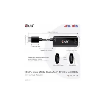 Video kabel Club3D Adaptér HDMI + Micro USB na DisplayPort 4K120Hz/8K30Hz, aktivní adaptér M/F