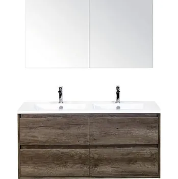 Koupelnový nábytek Koupelnový nábytkový set Porto 120 cm s keramickým dvojitým umyvadlem 4 zásuvky Nebraska dub Nebraska a zrcadlovou skříňkou