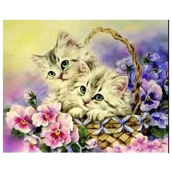 Diamantové malování Diamantové malování - Koťata s fialkami - č. 791 65x85 cm