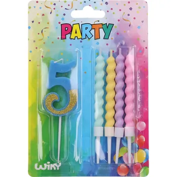 Wiky Svíčky na dort 4ks + ve tvaru čísla 5 - modrá