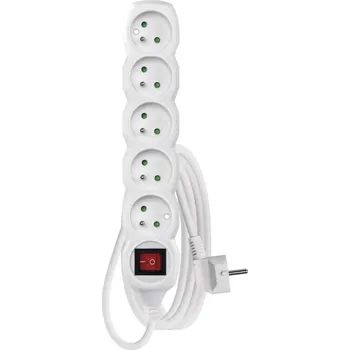 elektrický kabel Prodlužovací přívod 5 zásuvek délka 3m s vypínačem bílý pohyblivý