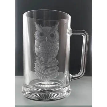 Sklenice půllitr se sovou - ručně ryté (broušené) symbolem moudrosti, dárek pro učitele