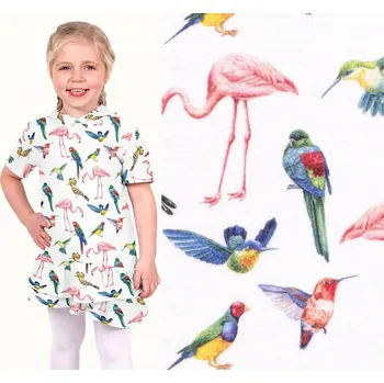 Mušelín v bílé barvě s digitálním potiskem ptáčků 21535/050