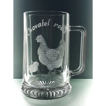 Sklenice Půllitr se slepičkou a kuřátkem - ručně ryté (broušené) chovatel roku