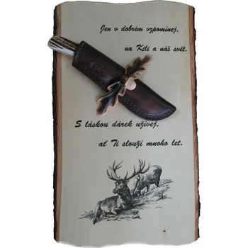 Pracovní nůž Gratulace s nožem č.745 na desce s kůrou a držákem na nůž a nožem C