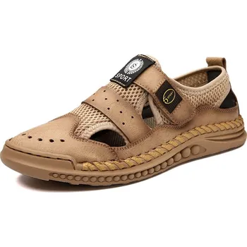 Pánské mokasíny Kožené letní boty prodyšné s pásky Barva: Khaki, Velikost: 40
