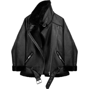 Dámská parka Zimní kožená bunda s kožešinou Barva: Černá, Velikost: XL