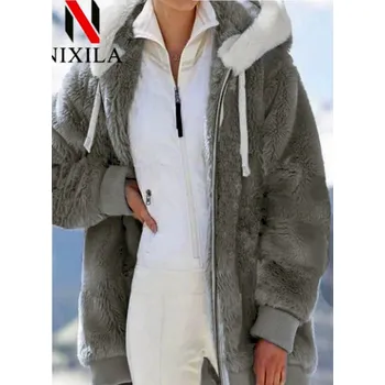 Dámský kabát Zimní "oversize" dámský kabát s kožíškem vel. S - 5XL Barva: Tmavě šedá, Velikost: M