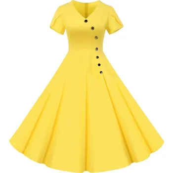 Dámské šaty Áčkové retro šaty s výstřihem do V a ozdobnými knoflíky Barva: Žlutá, Velikost: L