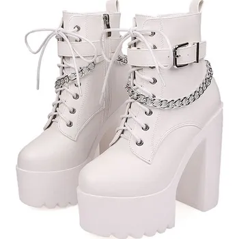Dámské kozačky Kotníkové boty s ozdobným řetězem a pásky Barva: Bílá, Velikost: 34