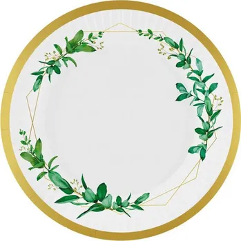 Party nádobí Godan EKO papírové talíře 18 cm bílé se zelenými lístky 6 ks
