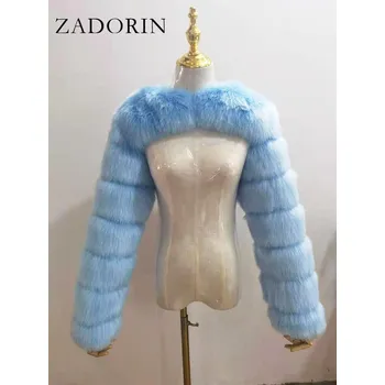 Dámský kožich Crop kožich s dlouhým rukávem Barva: Světle Modrá, Velikost: 2XL