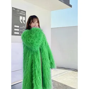 Dámský kabát Dlouhý kožešinový kabát kožich chlupatý s límcem Barva: Zelená, Velikost: S