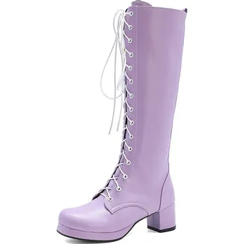 Dámské kozačky Šněrovací kožené kozačky na hranatém podpatku Barva: Fialová, Velikost: 35